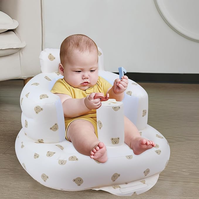 Baby Inflatable Seat with Suction Cups for Babies 3 Months & Up, Baby Floor Seats for Sitting Up with Built in Air Pump, Blow Up Baby Chair for Infants - Bear Head