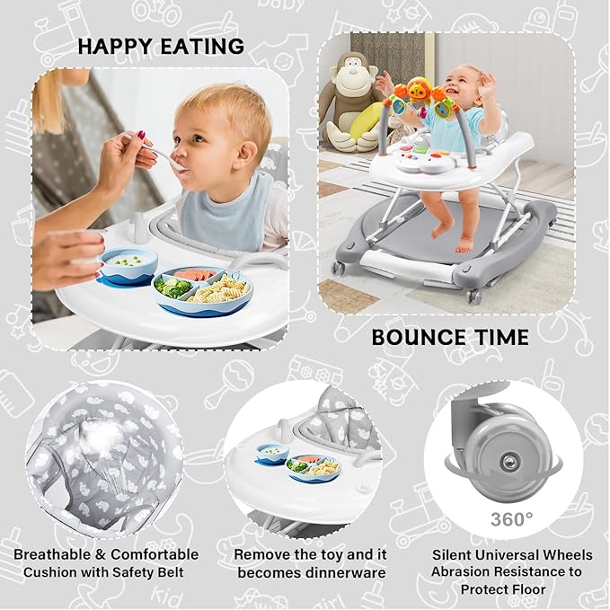 Baby Walker, 5 in 1 Baby Walkers for Boys Girls 6-12 Months, Foldable Walkers for Babies with Bouncer & Feeding Tray, Music, Adjustable Heights, Activity Walker for Infant