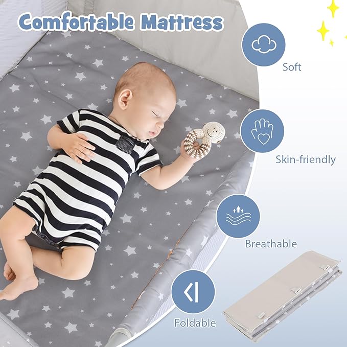 BABY JOY 5-in-1 Pack and Play, Portable Baby Bedside Sleeper with Bassinet, U-Shaped Diaper Changer, Safety Strap, Side Zipper Entrance, Hangings, Bedside Crib Playard from Newborn to Toddlers (Beige)