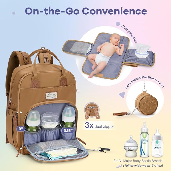 RUVALINO Diaper Bag Backpack, Multifunction Travel Pack Maternity Baby Changing Bags, Large Capacity, Waterproof, Golden Brown