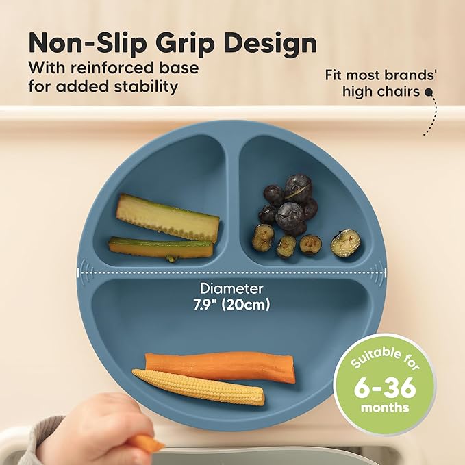 KeaBabies Suction Plates for Baby, Toddler - 3-Pack 100% Silicone Toddler Plates with Suction, Divided, BPA-Free Baby Led Weaning Essentials for Kids, Dishwasher, Microwave Safe, Durable (Quantum)