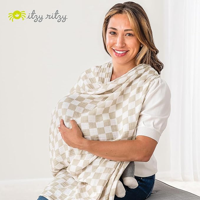 Itzy Ritzy Breastfeeding Boss Multi-Use Cover – A Nursing Cover, Swaddle, Car Seat Wrap, Tummy Time Mat & Burp Cloth All in One – Made of Soft Muslin Fabric & Measures 47” x 47” (Checkerboard)