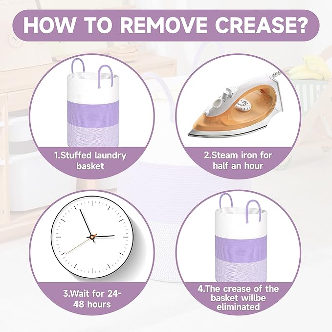 CLHMILY&Z 80L Laundry Basket Round Storage Rope Basket - 16.5x22.5 Inches - Lavender Hamper in Bedreoom and Cute Storage Bin for Blankets, Toys, and Nursery Essentials