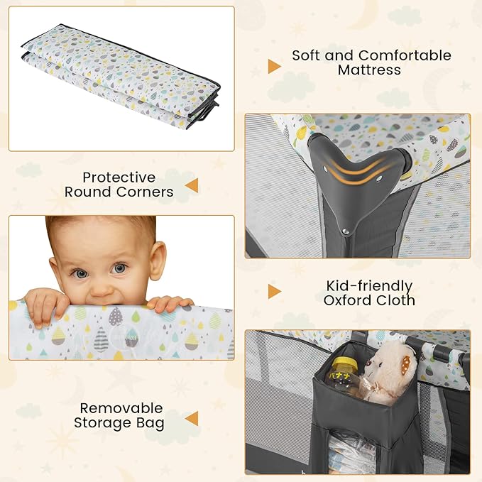 BABY JOY 3 in 1 Pack and Play, Portable Baby Playard with Bassinet, Changing Table, Lockable Wheels, Glowing Music Box, Travel Baby Crib Bassinet Bed from Newborn to Toddler