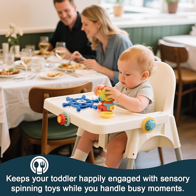 Bathtub Suction Spinner Toys - Silicone Bath & High Chair Sensory Toy for Babies & Toddlers, Novelty Spinning Top with Suction Cup, Car Window Travel Toys (Ship Steering Wheel Toy - Blue)