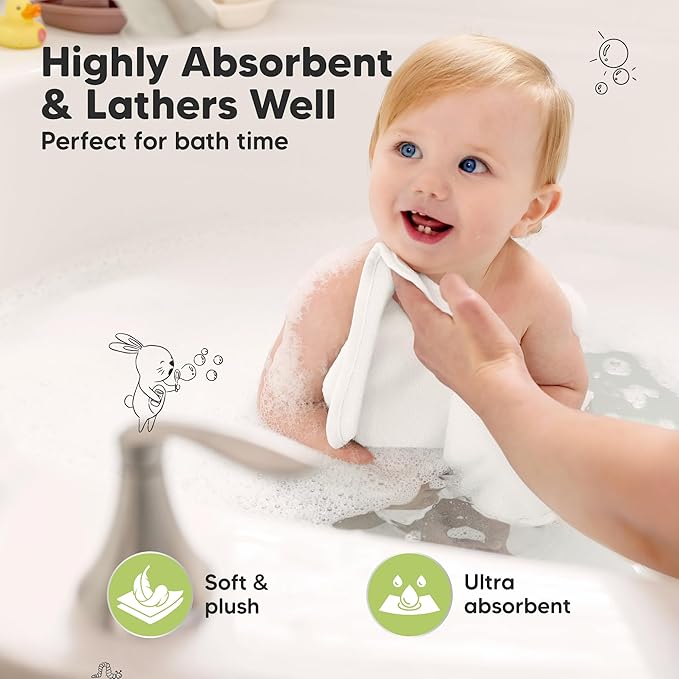 6-Pack Soft Baby Washcloths, Viscose from Bamboo - Kids, Newborn Bath Towels, Infant Shower, Toddler Reusable Face Towel, Gentle on Skin, Face Wash Cloths for Babies, 10x10 (White)