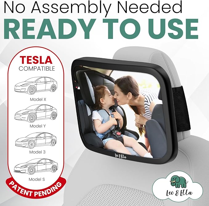 Leo and Ella - Tesla Fixed Headrest Baby Car Mirror, Extra Large Car Mirror For Baby, Shatterproof & Adjustable Safety Mount with Elastic Strap