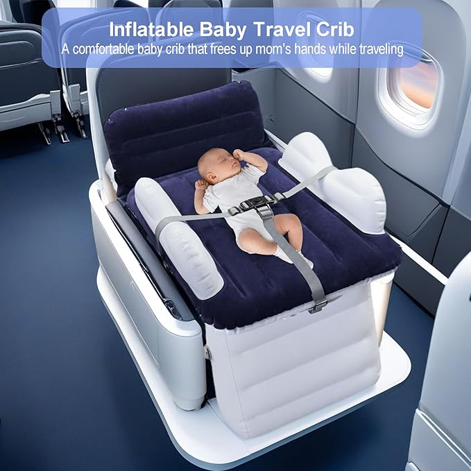 Inflatable-Toddler-Travel-Bed for Airplane Car Seat Portable Foldable Infant Travel Bed Baby Travel Crib with Sides,Hand Pump Safety Belt and Carry Bag Sets