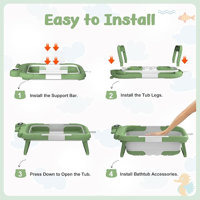 Collapsible Baby Bathtub for Newborn,Baby Tub with Soft Floating Cushion & Thermometer for Infant to Toddler, Portable Travel Bathtub with No-Slip Feet for 0-36 Months-Green