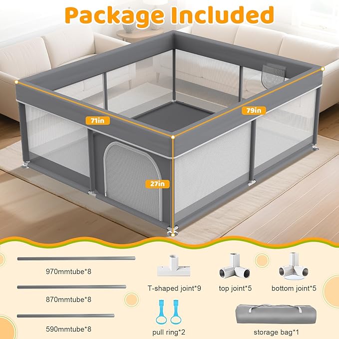 79x71 Inch Baby Playpen - Large Playpen for Babies and Toddlers, Baby Play Yard for Indoor & Outdoor, Toddler Fence Play Area with Skin-Friendly Fabric and Soft Breathable Mesh, Dark Grey