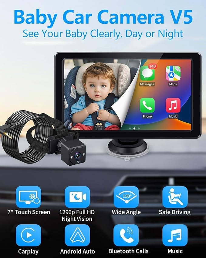 1296p Full HD Baby Car Camera, Car Baby Monitor with 7" Touchscreen, CarPlay, No-Glow Night Vision, 150° Wide Angle, Live Rear Seat View, Easy Installation, Fits Most Cars