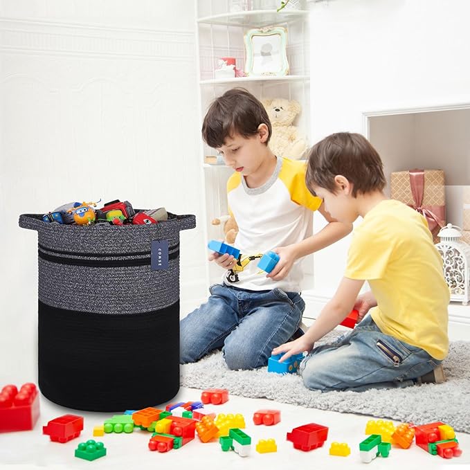 COMSE Extra Large Blanket Basket, Tall Laundry Basket, Nursery Hamper, 15.7”x 21.7”, Cotton Rope Woven Laundry Hamper for Storage Toys Clothes Towels, Black