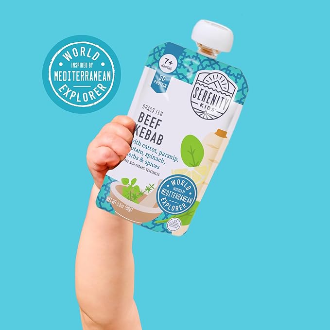 Serenity Kids 7+ Months World Explorers Baby Food Pouches - Puree With Ethically Sourced Meats & Organic Veggies - BPA-Free Organic Baby Food - 3.5 Oz, 18 Pack