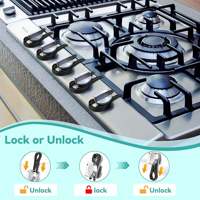 Gas Stove Knob Locks Protecting Kids and Pets; Oven Knob Covers for Child Safety (5 Pack,Black)