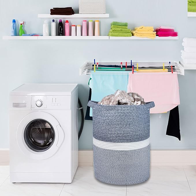 Large Blanket Basket, Nursery Hamper, Tall Laundry Basket 72L, Cotton Rope Woven Laundry Hamper for Storage Toys Clothes Towels, 16”x 22”, Blend Navy Blue & White