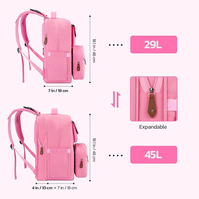 Maelstrom Large Diaper Bag,29L-45L Expandable Diaper Bag Backpack for 2 Kids/Twins Baby Stuff, with Removable Cross Body Bottle Bag for Mom/Dad, Stylish Baby Bag Gift for Boys/Girl-Pink