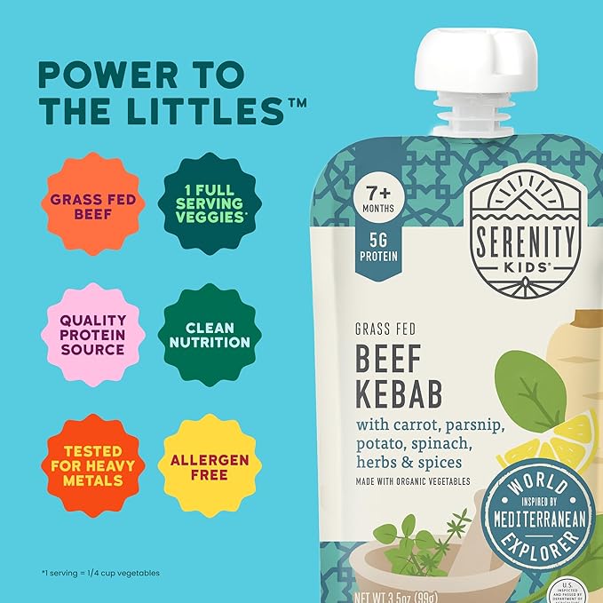 Serenity Kids 7+ Months World Explorers Beef Kebab Baby Food Pouches - Grass-Fed Beef & Organic Veggies - BPA-Free Baby Snack - Ages 7+ Months - 3.5 Oz 6 Pack