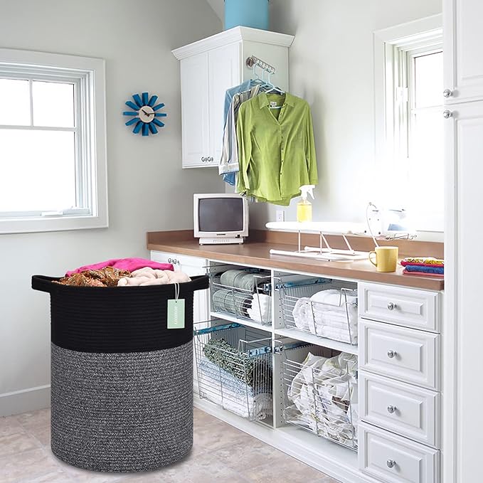 BOSROTY Large Laundry Hamper for Girls Boys Kids 72L, Nursery Hamper, Tall Laundry Basket, Cotton Rope Woven Blanket Basket for Storage Toys Clothes Towels, 16”x 22”, Black & Gray