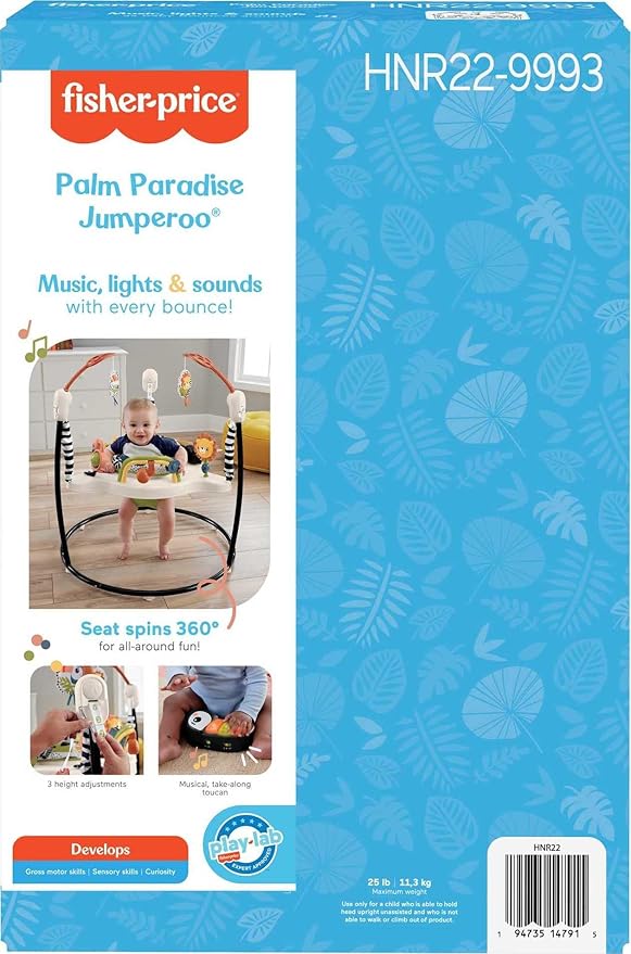 Fisher-Price Baby Bouncer Palm Paradise Jumperoo Activity Center with Music Lights Sounds and Developmental Toys