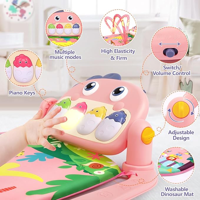 UMIKU Baby Play Mat Baby Tummy Time Mat Activity Center for Newborn Infant Piano Play Gym Mat Music & Light Babies Gifts Boy Girl for Babies 0-6 6-12 Months, Pink Dinosaur