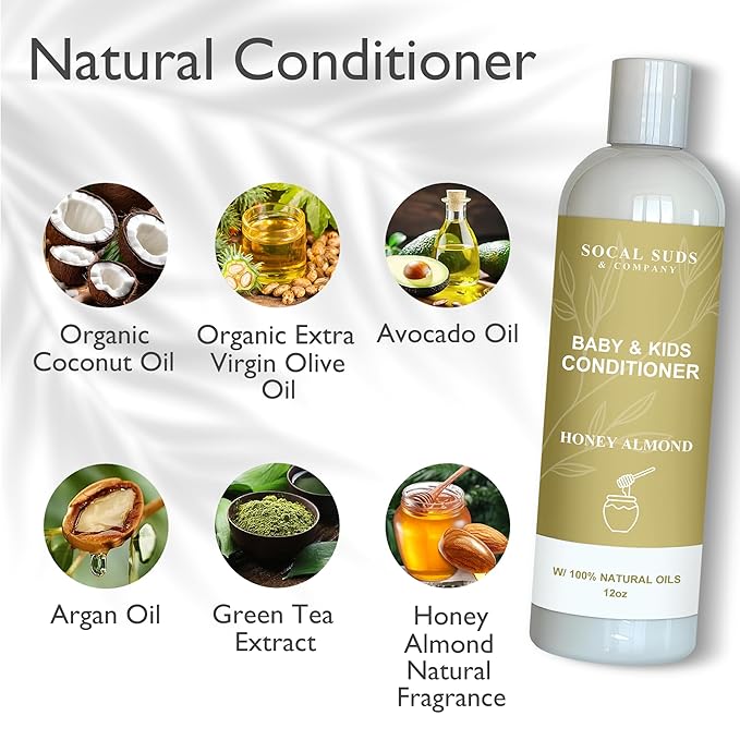 SoCal Suds & Company Organic Baby & Kids Conditioner – Moisturizing Formula with Natural Honey Almond Scent, Gentle & Nourishing, All Hair Types, Non-Greasy, Ideal for Sensitive Scalps, 12oz