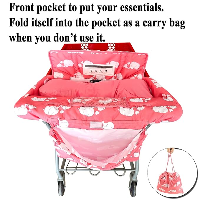 Soft Pillow Attached 2-in-1 Shopping Cart and High Chair Cover for Baby, Cotton Padded Cart Cover, Fold'n Roll Style, Portable with Carry Bag (Pink Elephant)
