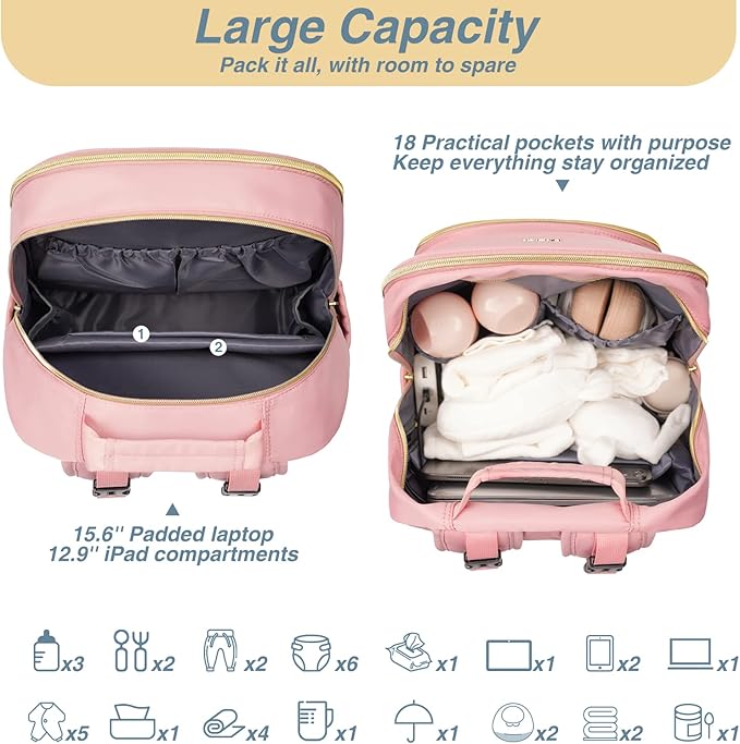 MOMUVO Diaper Bag Backpack, Quilted Baby Bag with Changing Pad & Stroller Straps & Pacifier Case, Large Travel Diaper Bags for Mom Dad, Pink
