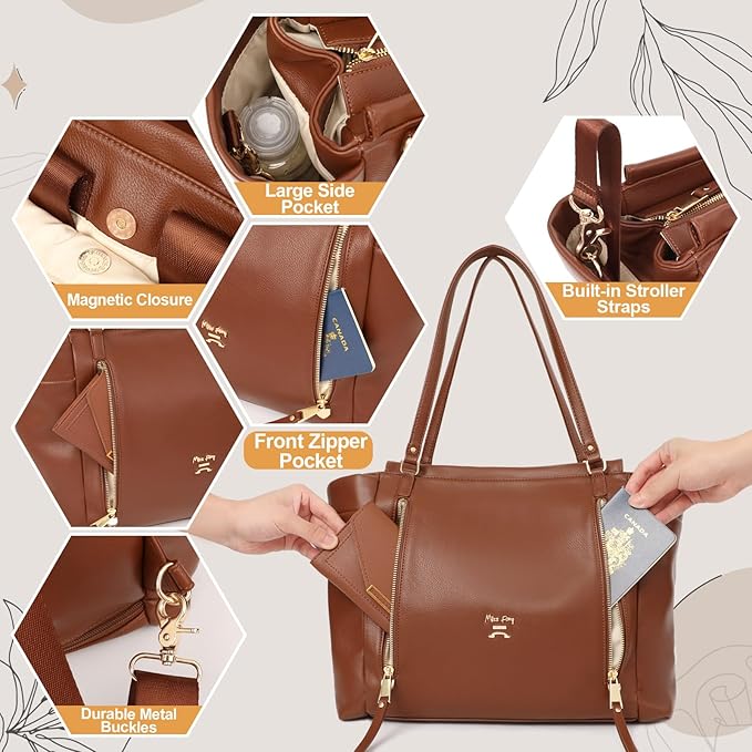 miss fong Diaper Bag Tote Leather Diaper Bag Backpack, Large Capacity Mommy Bag Hospital Bag, 12 Pockets Travel Diaper Tote with Changing Pad,Stroller Straps & Insulated Pockets for Mom & Dad-Brown