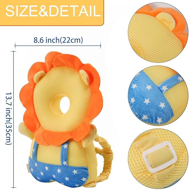 Baby Head Protector Backpack -Soft & Lightweight Pads - Prevents Bebes Backward Fall Lion Plush Stuffed
