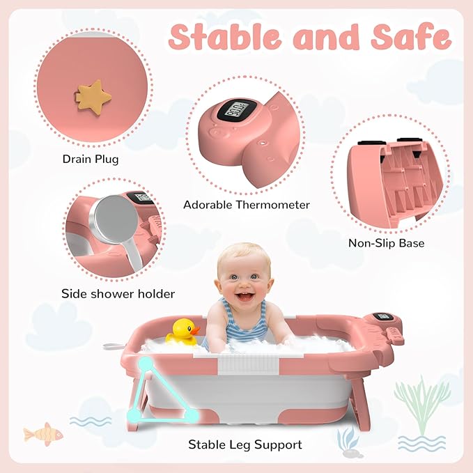 Collapsible Baby Bathtub for Newborn,Baby Tub with Soft Floating Cushion & Thermometer for Infant to Toddler,Portable Travel Bathtub with No-Slip Feet for 0-36 Months-Pink