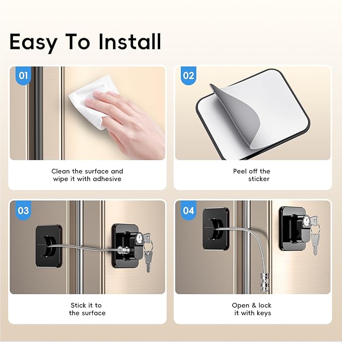 4 Pack Refrigerator Locks with Keys for Kids, Toddlers and Adults, Self Adhesive Child & Baby Proofing Fridge Latch for Double Door, French Door, Cabinets and Drawers, Oven, Windows (Patent)