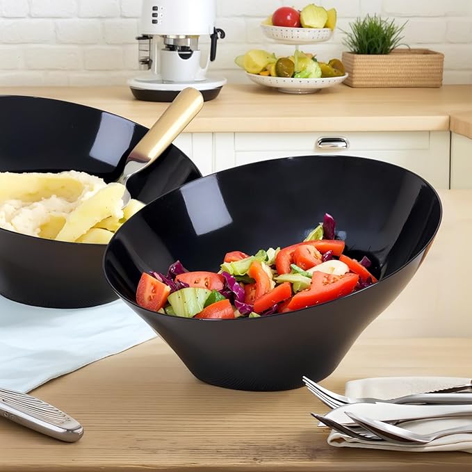 bUCLA 12 Pack Black Plastic Serving Bowls - 54 OZ Angled Bowls Disposable for Chip&Candy - Party Table Salad and Fruit for Party, Wedding & Halloween