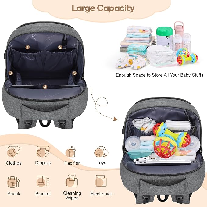 UKEIN Diaper Bag Backpack, Multi function Baby Bag with Portable Changing Pad, Pacifier Holder,Diaper Bags with USB Charging Port,Perfect Baby Shower Gifts for Mom, Dad, Newborn