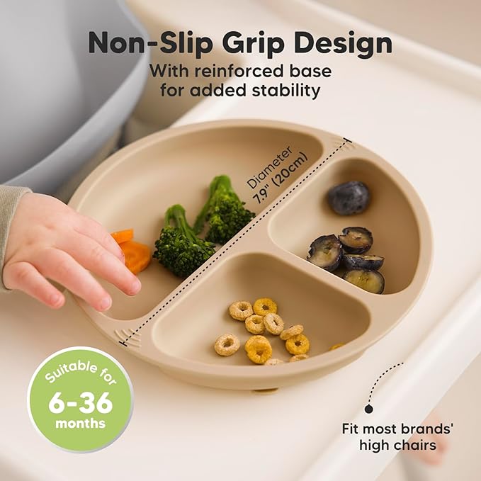 KeaBabies Suction Plates with Lids for Baby - 3-Pack 100% Silicone Toddler Plates with Suction, Divided, BPA-Free Baby Led Weaning Essentials for Kids, Dishwasher, Microwave Safe, Durable (Terracotta)