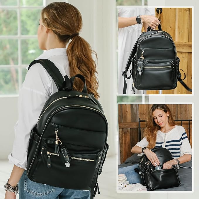 miss fong Diaper Bag Backpack Leather Diaper Bag, Baby Diaper Bag for Baby, 16 Pockets with Hand Sanitizer Holder, Changing Pad, 2 Insulated Pockets(Black)
