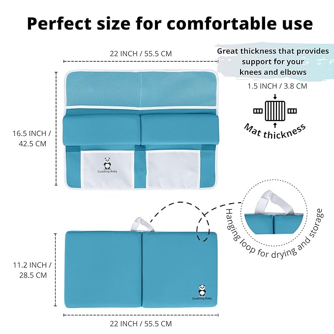 Bath Kneeler and Elbow Rest Pad Set - 2PC Premium Baby Bath Mat Set - Non-Slip Kneeling Pad with Storage Pockets - Machine Washable, Durable Foam Pad Bundle - Blue