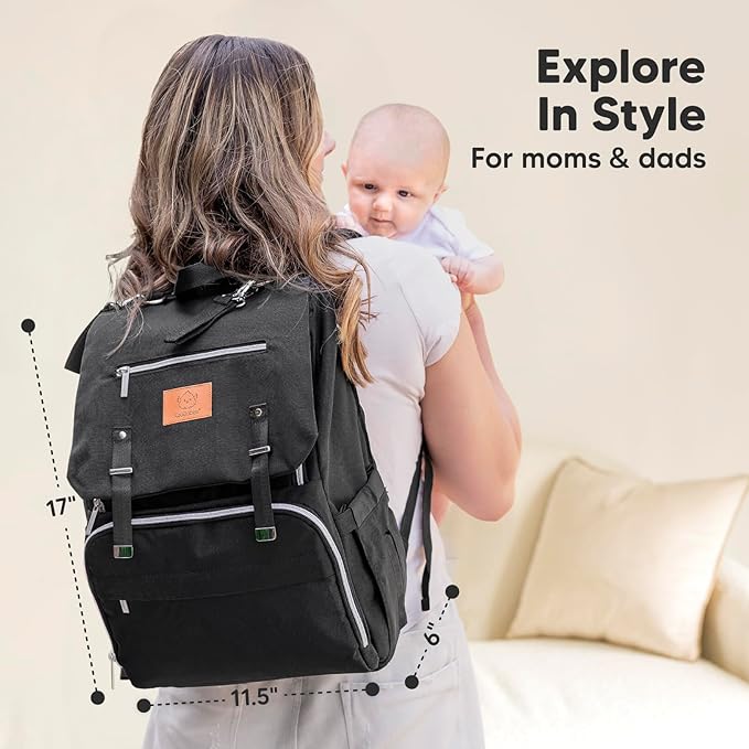 KeaBabies Baby Diaper Bag Backpack, Travel - Large Baby Bag for Mom and Dad, Waterproof, Multi-Function Girl Boy Diaper Backpack with Changing Pad, Durable Travel Essentials (Trendy Black)