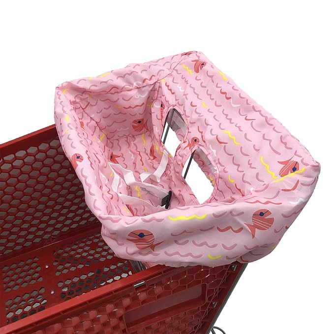 Portable Shopping Cart Cover, High Chair and Grocery Cart Covers for Babies, Kids, Infants & Toddlers, Attached Carry Bag (Simple Pink Fish)