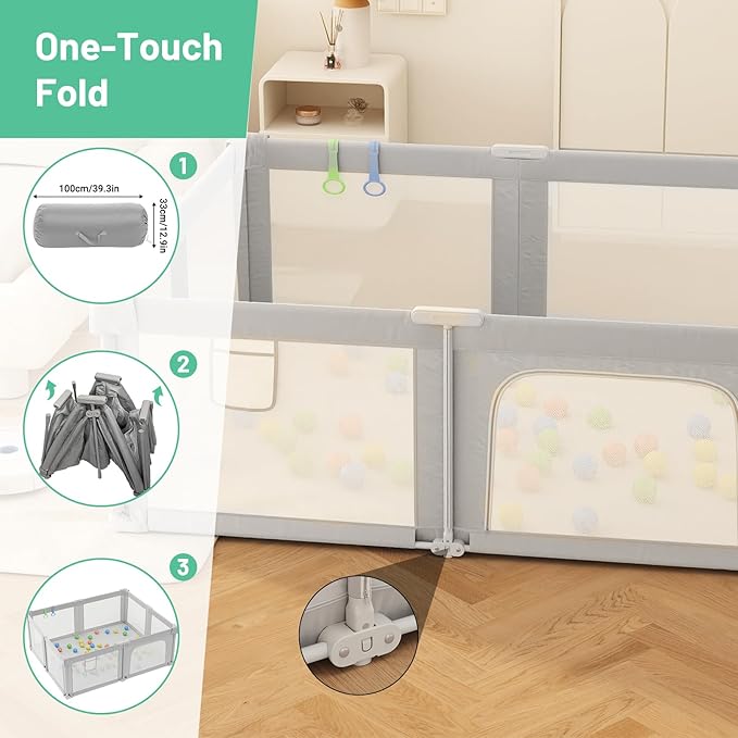 Baby Playpen, 73" x 61" Lareg Foldable Playpen with Mat for Babies and Toddlers, Play Pen with Soft Breathable Mesh, Ocean Balls and Pull Links, Baby Playard for Indoor & Outdoor, Gray