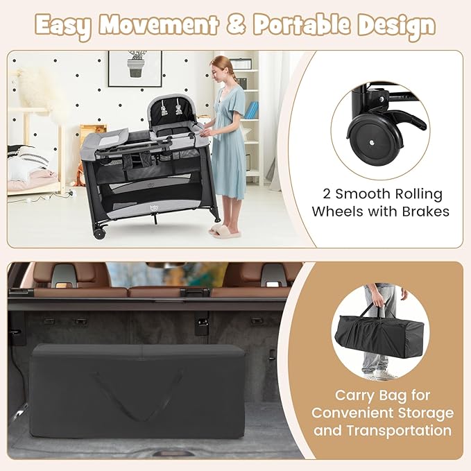 BABY JOY 4 in 1 Pack and Play, Portable Baby Playard with Bassinet & Diaper Changing Table, Infant Bassinet Baby Crib Activity Center with Toys & Oxford Bag from Newborn to Toddlers (Dark, Classic)