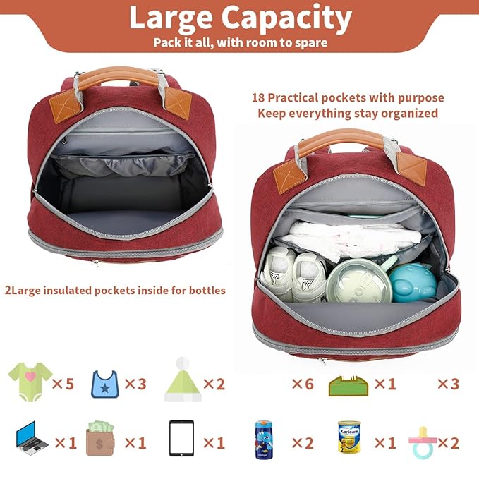 Diaper Bag Backpack, Large Baby Nappy Bags with Portable Changing Pad for Boys and GirlsMultifunction Travel Baby Bag for Moms Dads, Shower Gifts Waterproof and Stylish,Red
