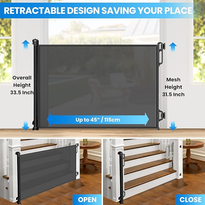 Retractable Safety Baby Gate or Mesh Dog Gate,Durable Portable Mesh Retractable Gate,Easy to Use for Stairs, Doorways, Hallways, Indoor, Outdoor, 33.5" Tall, Up to 45" Wide, Black