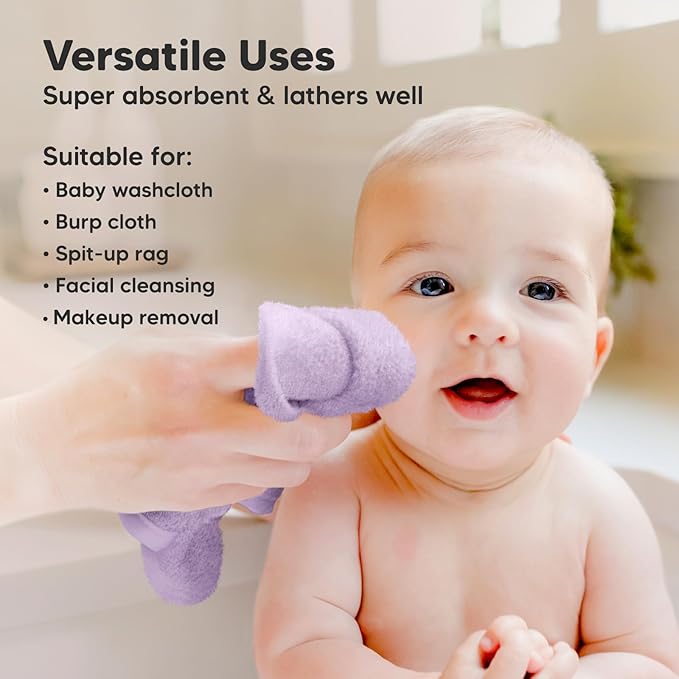 6-Pack Soft Baby Washcloths, Viscose from Bamboo - Kids, Newborn Bath Towels, Infant Shower, Toddler Reusable Face Towel, Gentle on Skin, Face Wash Cloths for Babies, 10x10 (Soft Lilac)