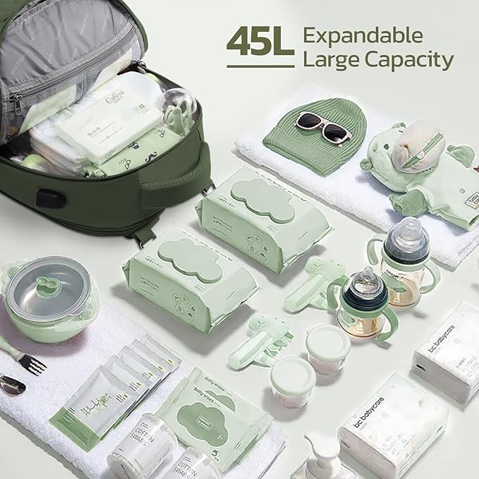 Large Diaper Bag,29L-45L Expandable Diaper Bag Backpack for 2 Kids/Twins Baby Stuff, with Removable Cross Body Bottle Bag for Mom/Dad,Stylish Baby Bag Gift for Boys/Girl-Army Green
