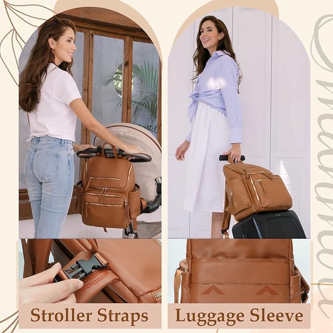 Diaper Bag Backpack Large Baby Diaper Bag Leather with 17 Diaper Bag Organizing Pouches,Changing Pad,Stroller Straps,4 Insulated Pockets,Brown