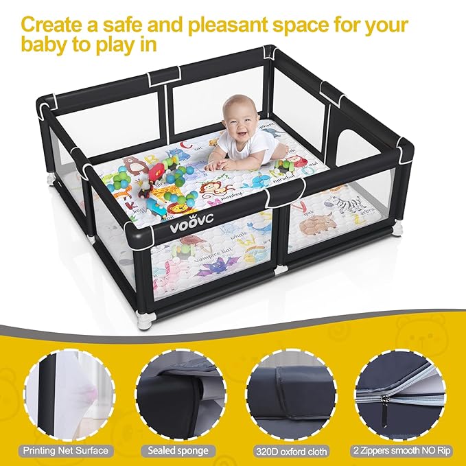 Premium Baby Playpen with Mat, 71x60 Inches Extra Large Playpen for Babies and Toddlers, Indoor & Outdoor Activity Center, Safety Baby Play Pen with Gate Prints Black