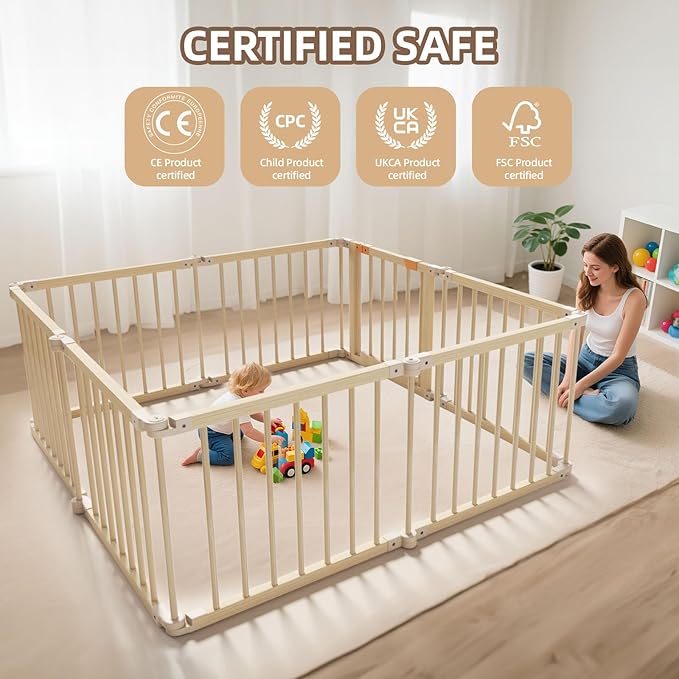 Baby Playpen, Wooden Playpen for Babies and Toddlers, Foldable Play Yard with Gate, 8 Panels Baby Fence, Indoor Play Area, Child Activity Center
