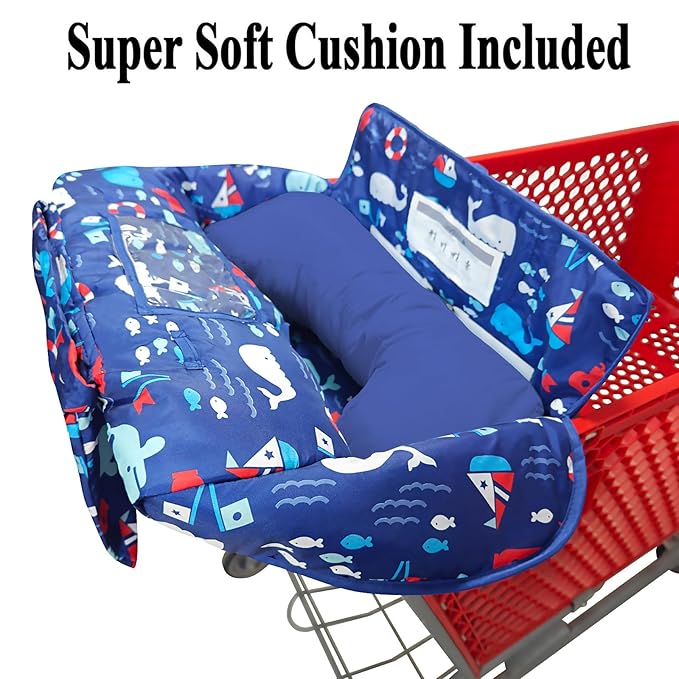 Soft Pillow Attached 2-in-1 Shopping Cart and High Chair Cover for Baby, Cotton Padded Cart Cover, Fold'n Roll Style, Portable with Carry Bag (Navy Blue Whale)
