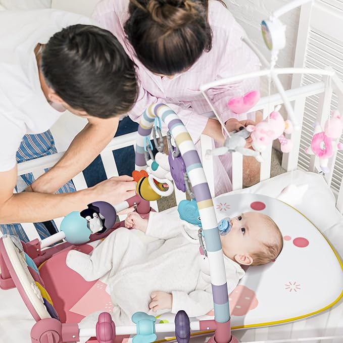 Baby Gym With Kick and Play Piano - Activity Mat for Tummy Time With 5 Infant Learning Sensory, Music and Lights for Newborn Boy or Girl (Pink)