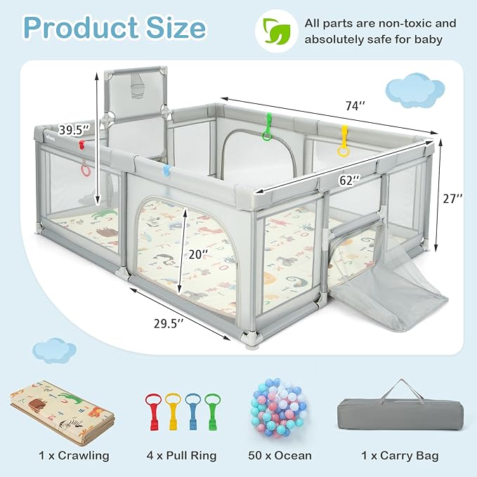 INFANS Baby Playpen, 74” x 62” Extra Large Play Yard for Babies and Toddlers with Crawling Mat Ocean Balls Basketball Hoop 2 Football Gates Indoor Outdoor Activity Center (Light Gray)